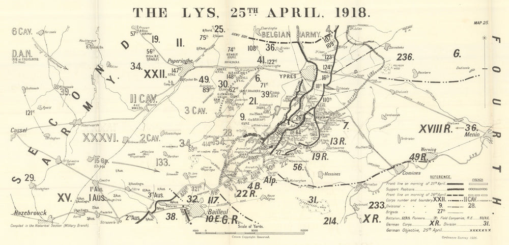 Battle of the Lys. 25 April 1918. First World War 1937 old vintage map chart