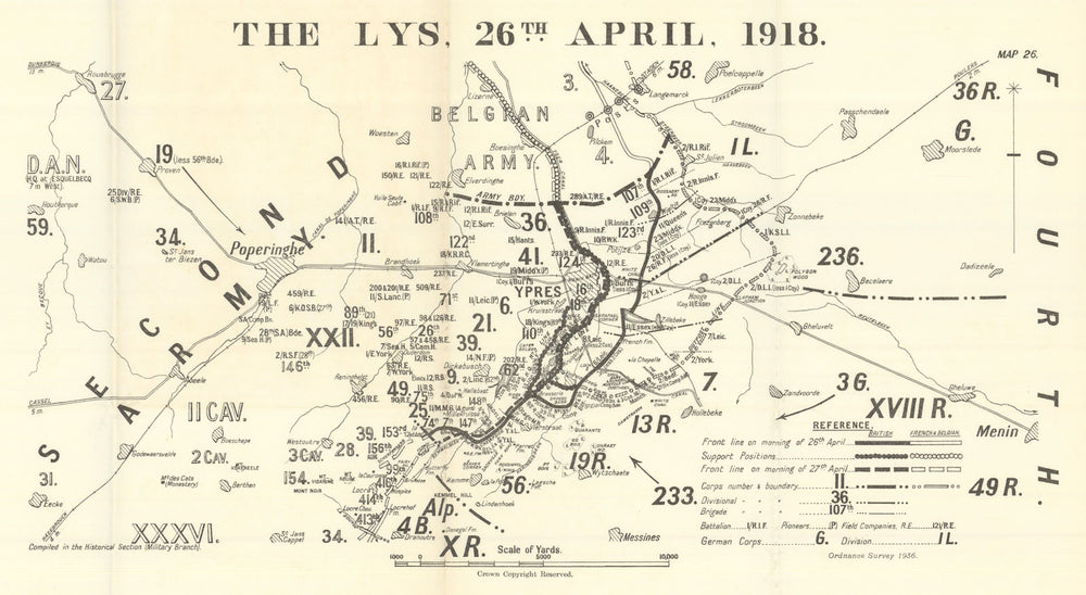 Battle of the Lys. 26 April 1918. First World War 1937 old vintage map chart