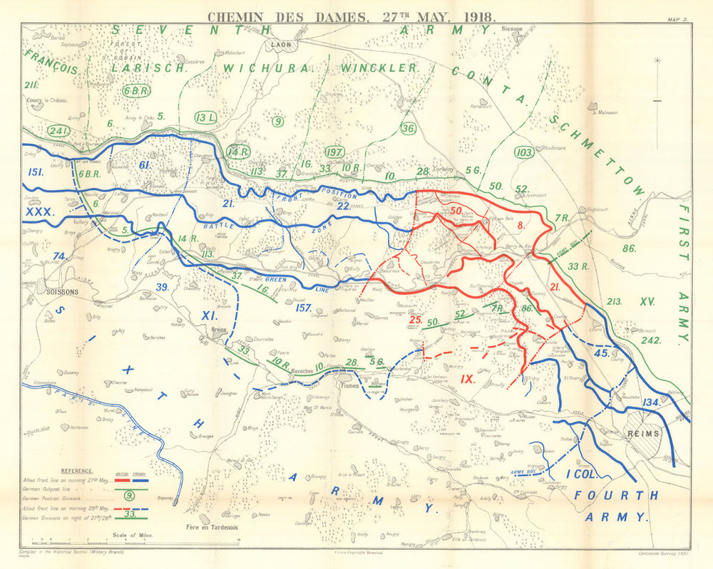 Third Battle of the Aisne. Chemin des Dames, 27 May 1918. WW1 1939 old map