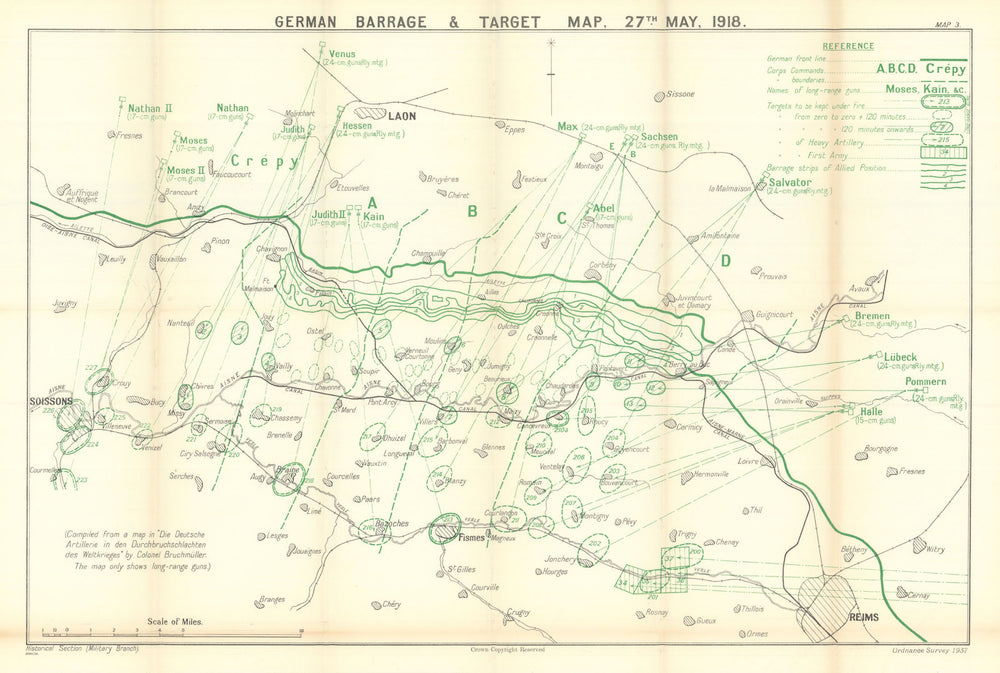 Third Battle of the Aisne. German Barrage & Target Map 27 May 1918. WW1 1939