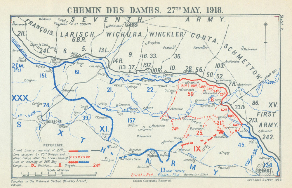 Third Battle of the Aisne. Chemin des Dames. 27 May 1918. WW1 1939 old map