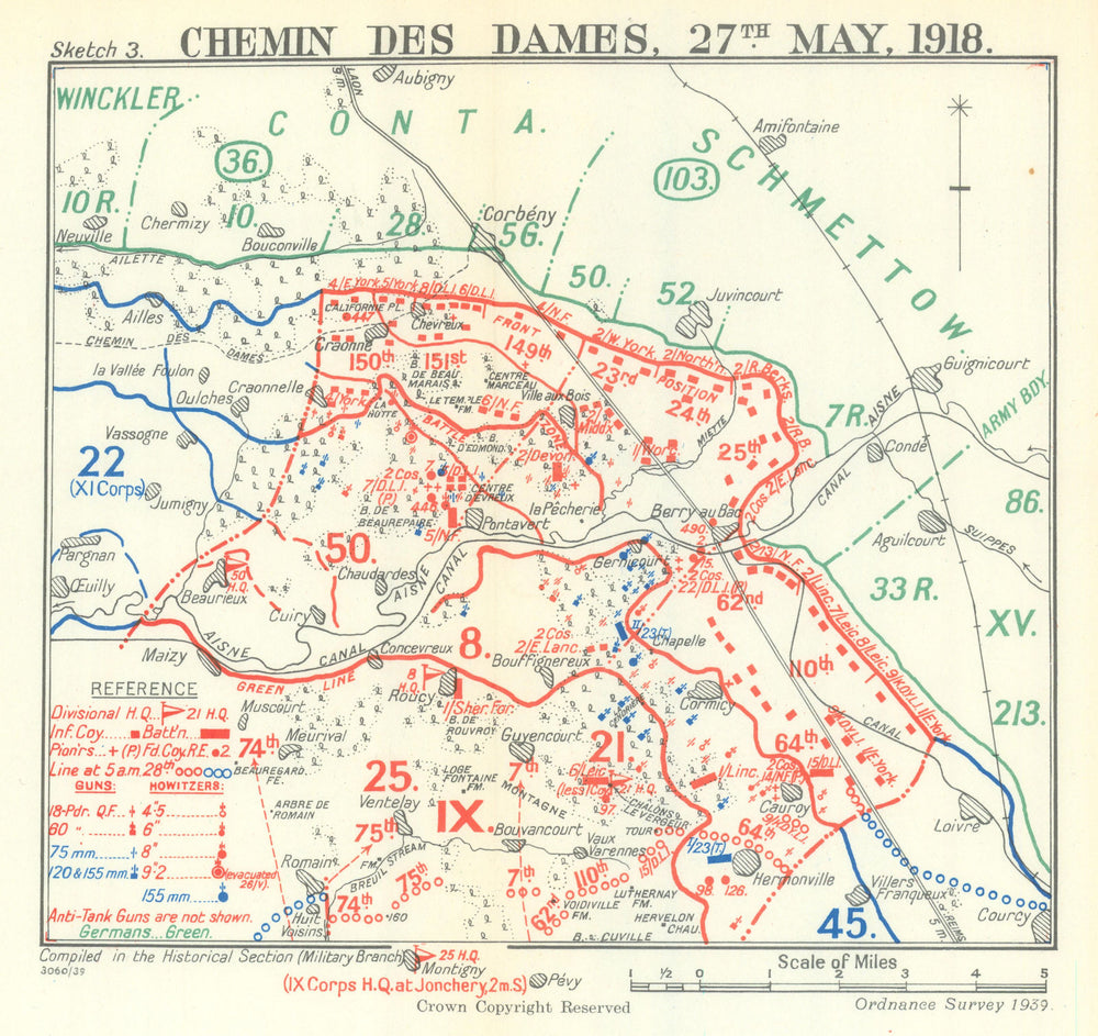 3rd Battle of the Aisne. Chemin des Dames 27 May 1918 British positions 1939 map