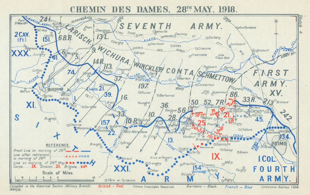 Third Battle of the Aisne. Chemin des Dames, 28 May 1918. WW1 1939 old map