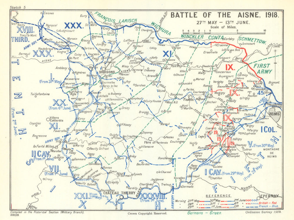 Third Battle of the Aisne. 27 May–13 June 1918. First World War 1939 old map
