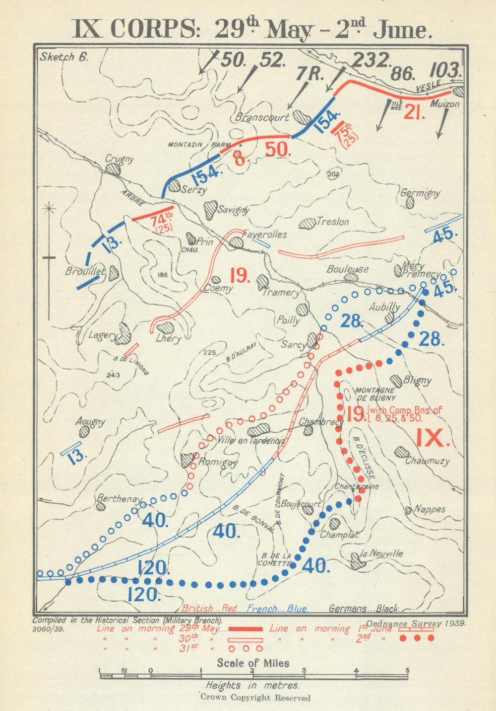Third Battle of the Aisne. IX Corps, 29 May–2 June 1918. WW1 1939 old map