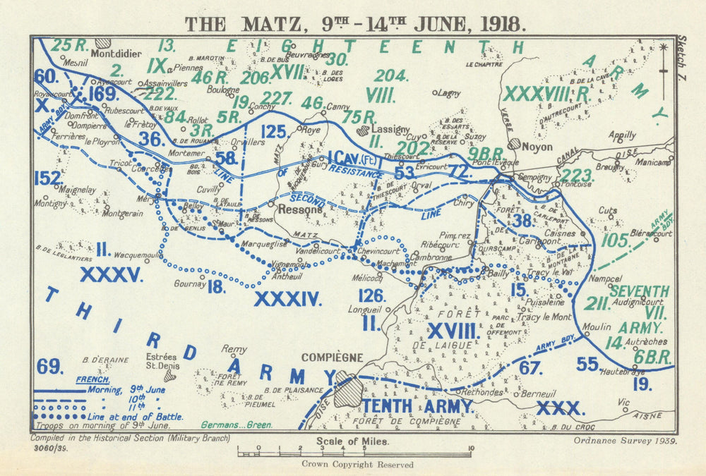 Battle of the Matz. Operation Gneisenau, 9–14 June 1918. WW1 1939 old map