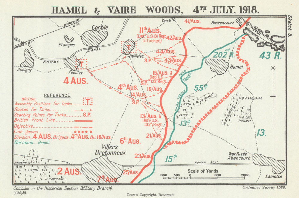 Battle of Hamel. Hamel & Vaire Woods, 4 July 1918. First World War 1939 map