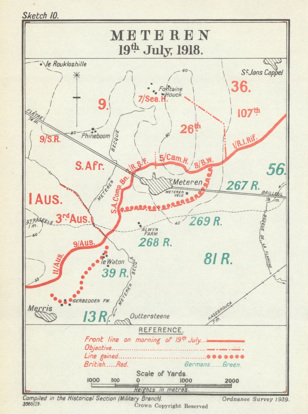 Action of Méteren. Meteren, 19 July 1918. First World War 1939 old vintage map