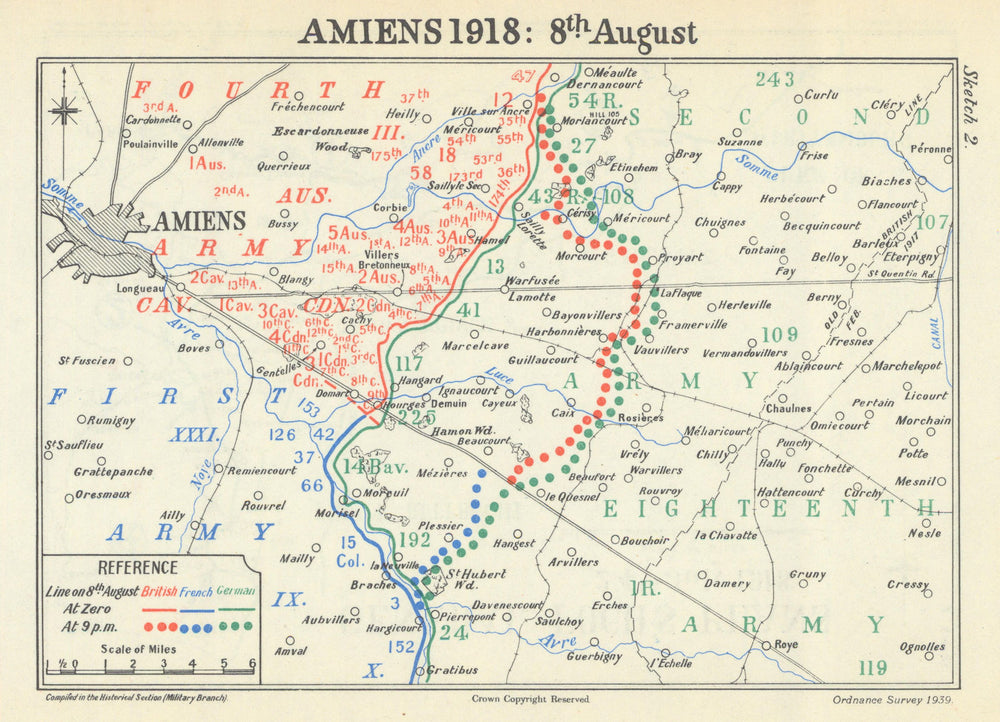Battle of Amiens. 8 August 1918 General Situation. First World War 1947 map