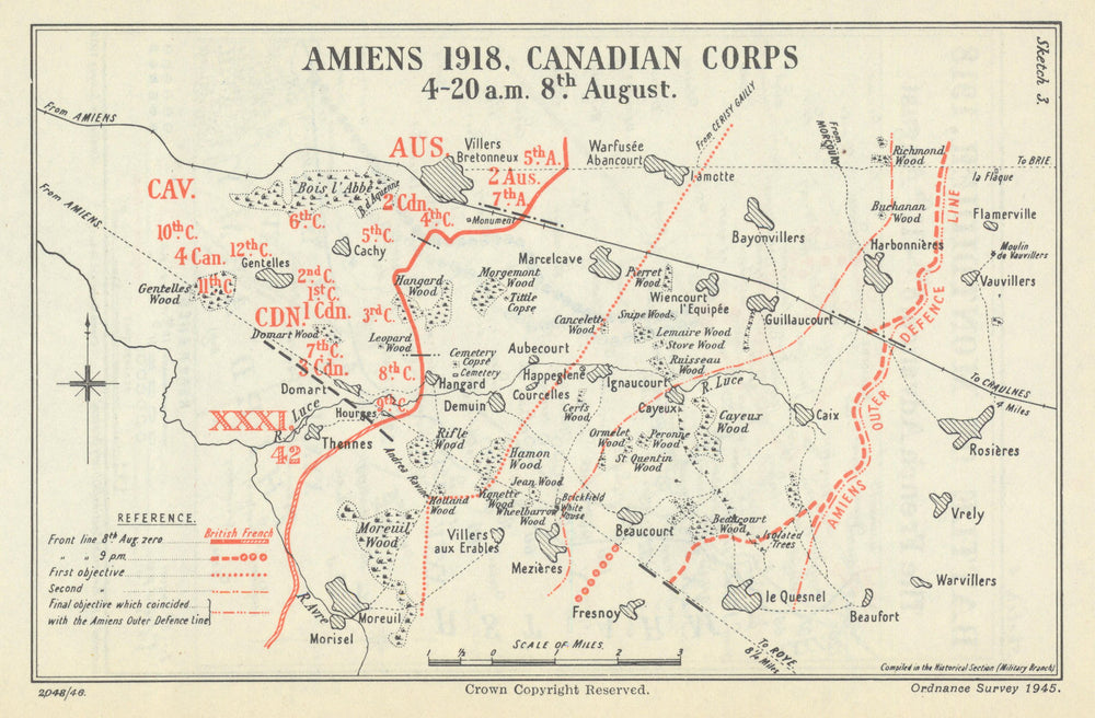 Battle of Amiens. Canadian Corps, 4.20 a.m., 8 August 1918. WW1 1947 old map