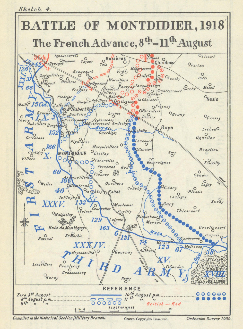 Battle of Montdidier, The French Advance, 8–11 August 1918. WW1 1947 old map