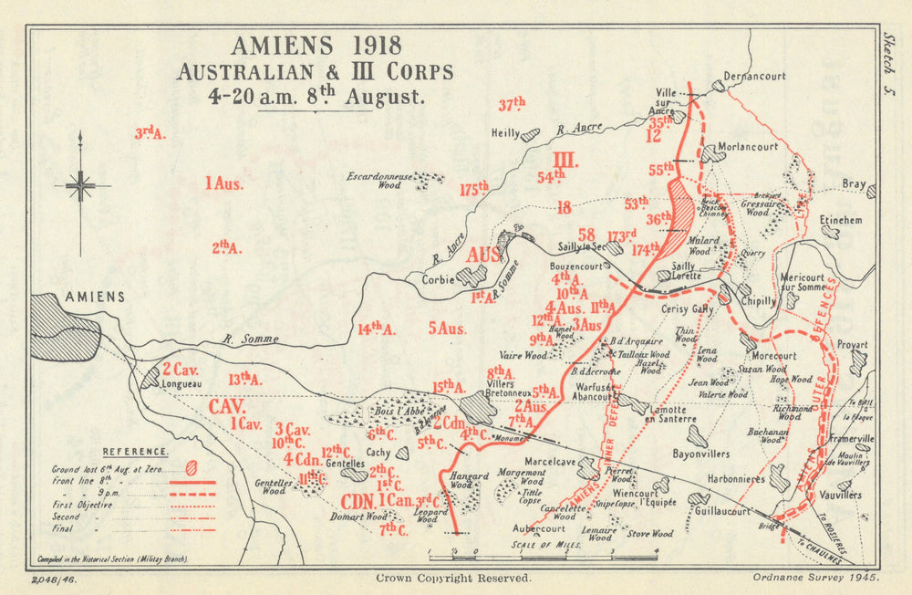 Battle of Amiens. Australian & III Corps 4.20 am 8 August 1918. WW1 1947 map