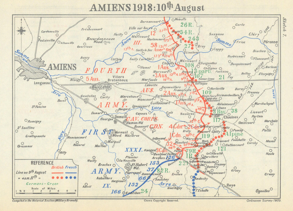 Battle of Amiens. 10 August 1918. First World War 1947 old vintage map chart
