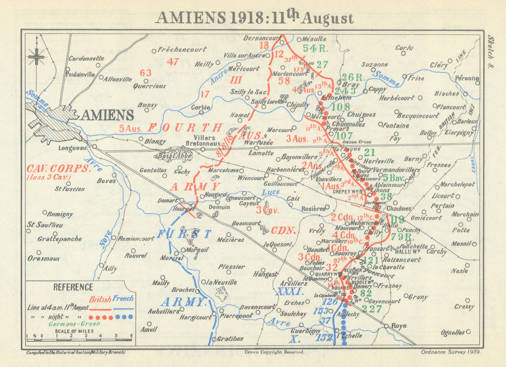 Battle of Amiens. 11 August 1918. First World War 1947 old vintage map chart