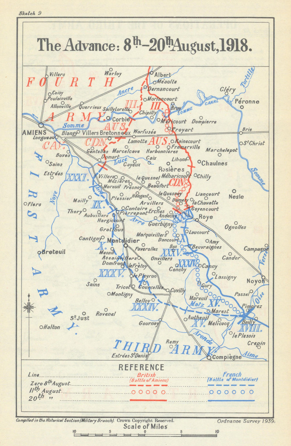 Second Battle of the Somme. The Advance, 8–20 August 1918. WW1 1947 old map
