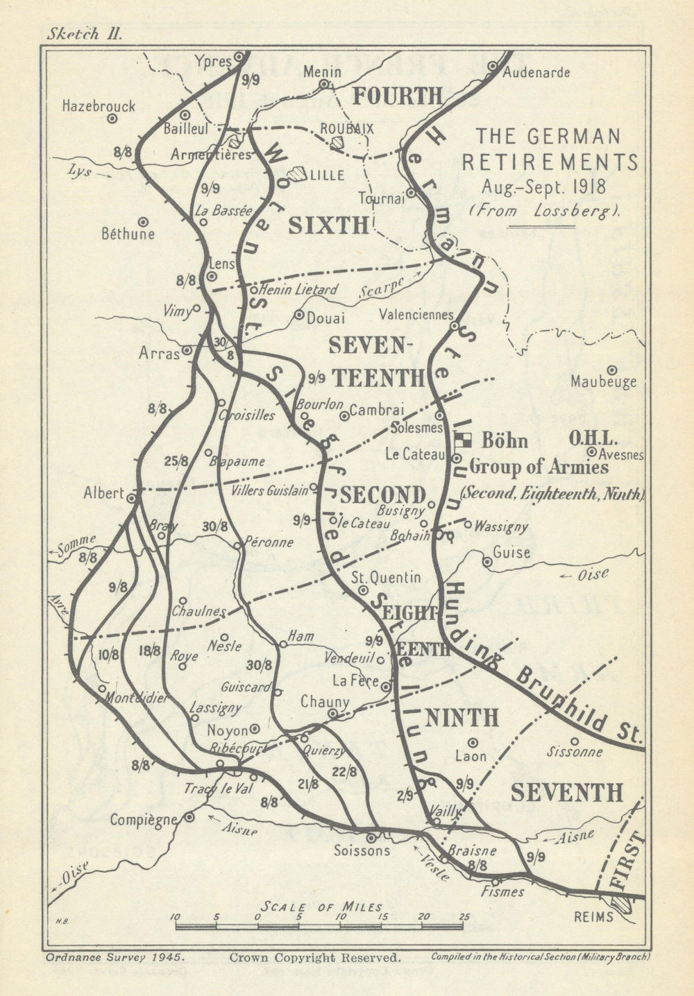 Hundred Days. The German Retirements, August–September 1918. WW1 1947 old map