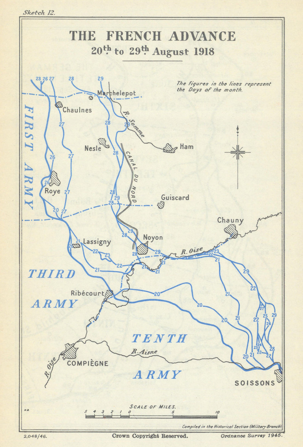 Second Battle of the Somme. The French Advance, 20–29 August 1918. WW1 1947 map