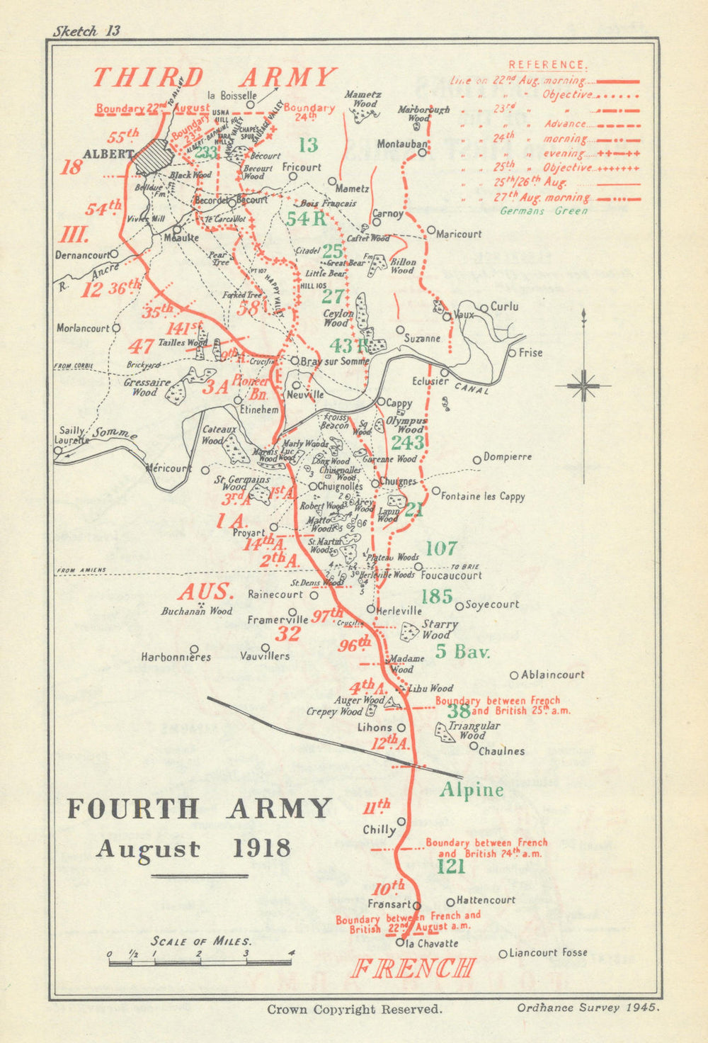 Battle of Albert. Fourth Army, 22–26 August 1918. First World War 1947 old map