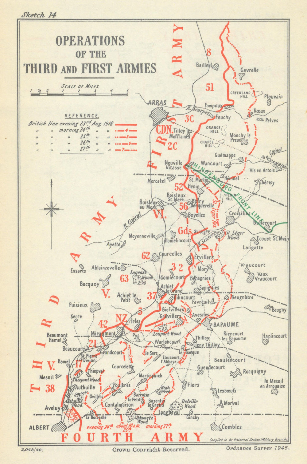 2nd Battle of the Somme/Battle of Arras. 1st/3rd Armies Ops 26 Aug 1918 1947 map