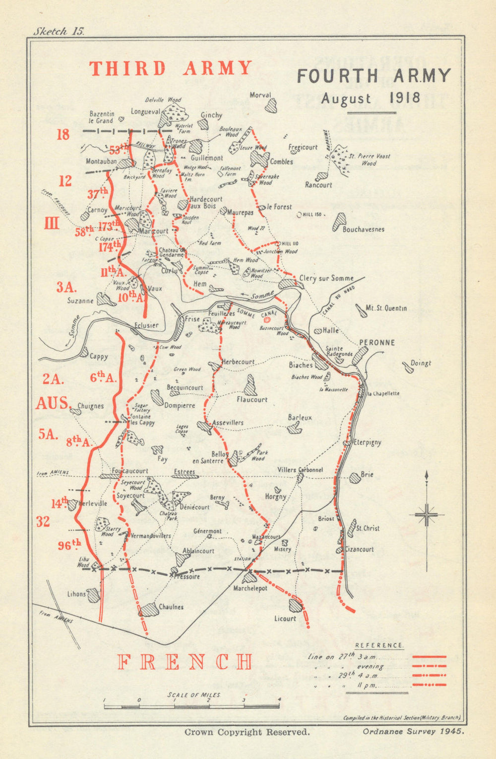 Second Battle of the Somme. Fourth Army, 27–29 August 1918. WW1 1947 old map