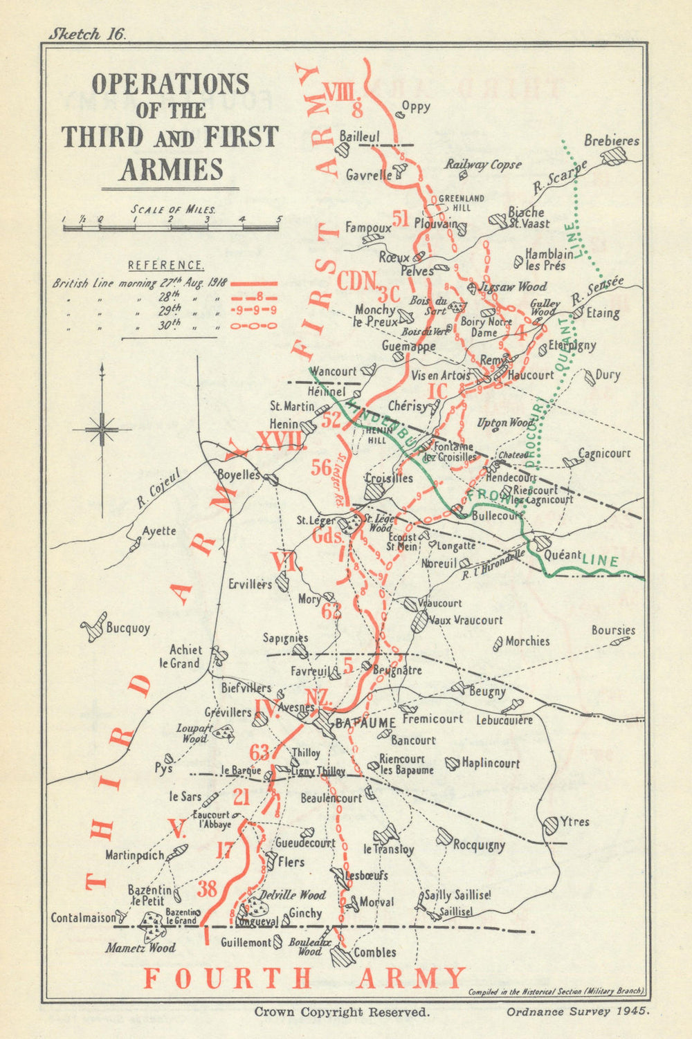 2nd Battle of Arras. 3rd & 1st Armies Operations 27–30 August 1918. WW1 1947 map
