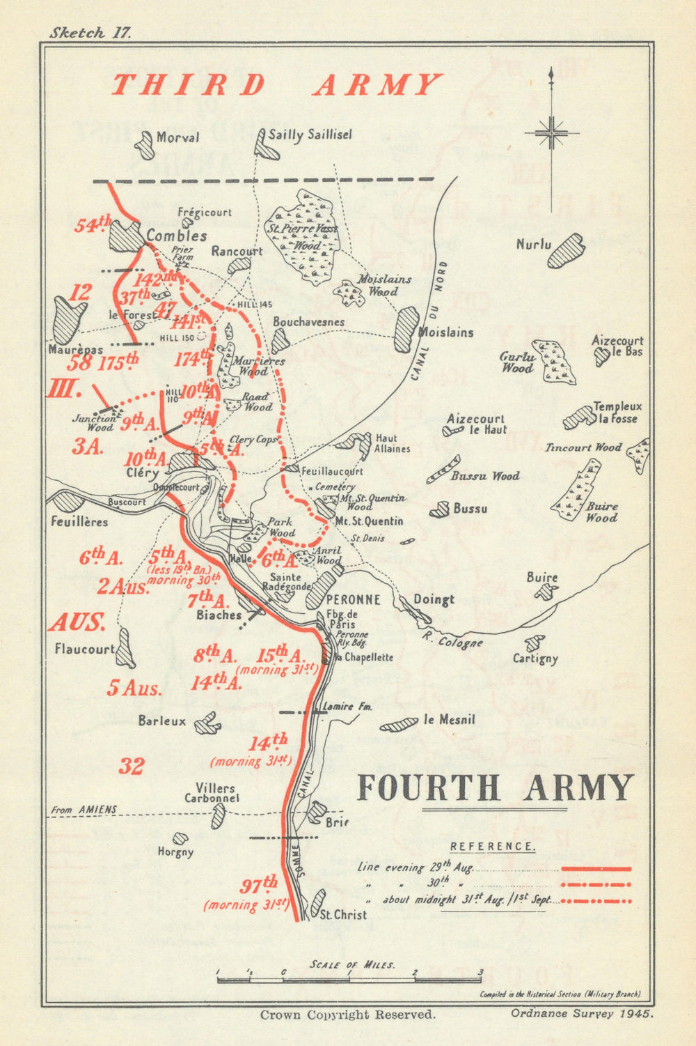 Second Battle of the Somme. Fourth Army, 30–31 August 1918. WW1 1947 old map
