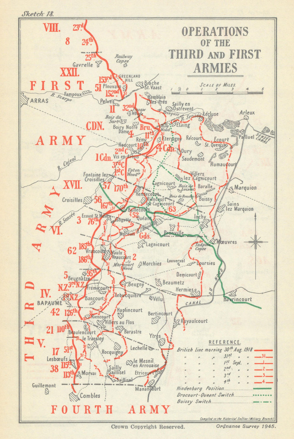 2nd Battle of Arras. 1st/3rd Armies Operations, 30 Aug–3 Sept 1918. WW1 1947 map