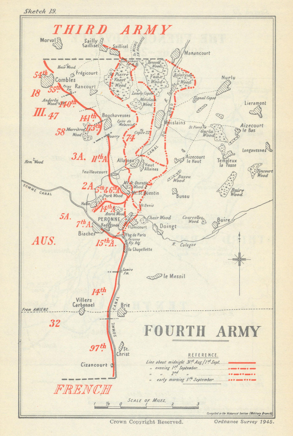 Second Battle of the Somme. Fourth Army, 1–4 September 1918. WW1 1947 old map