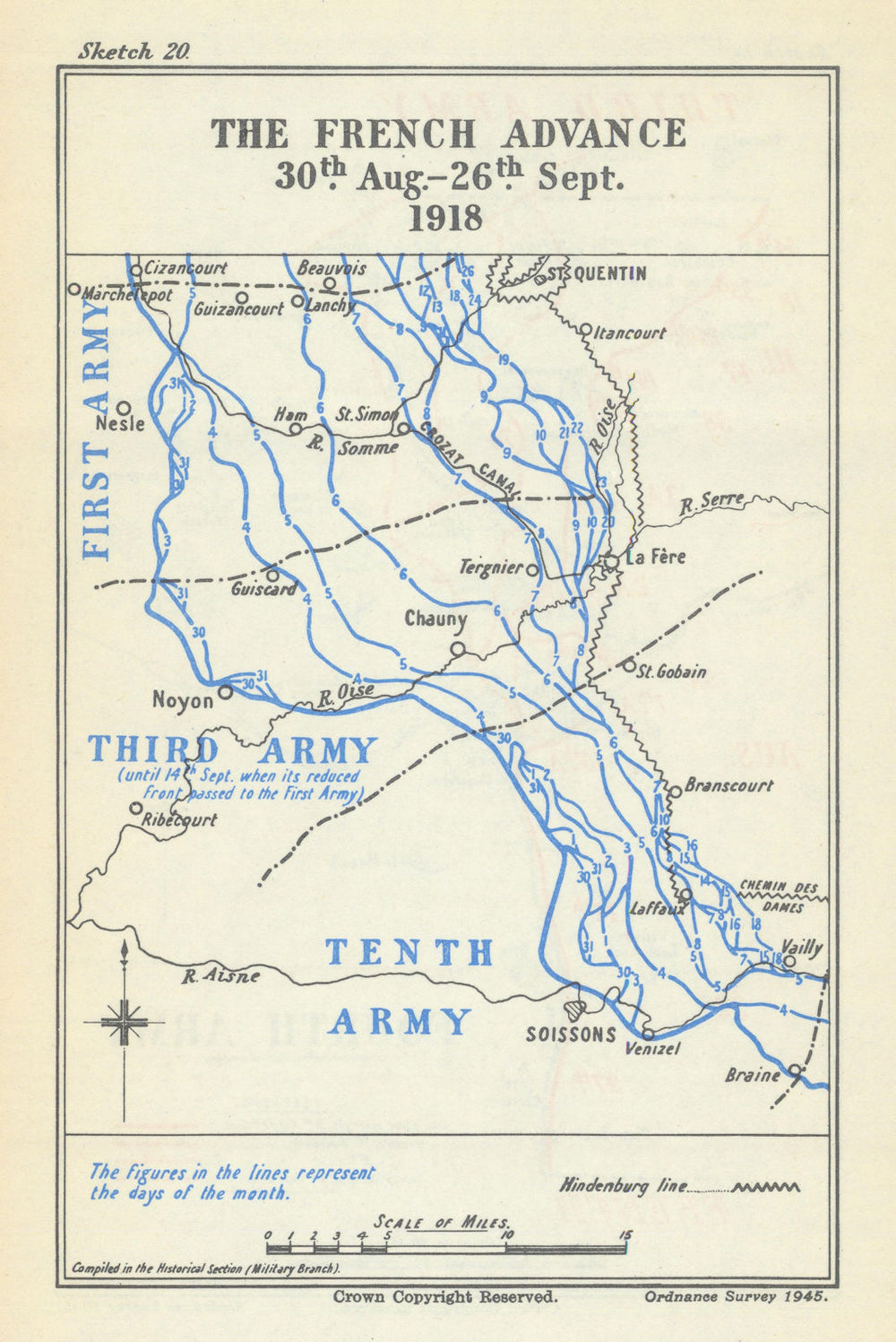 Oise–Aisne Offensive. French Advance, 30 August–26 September 1918. WW1 1947 map