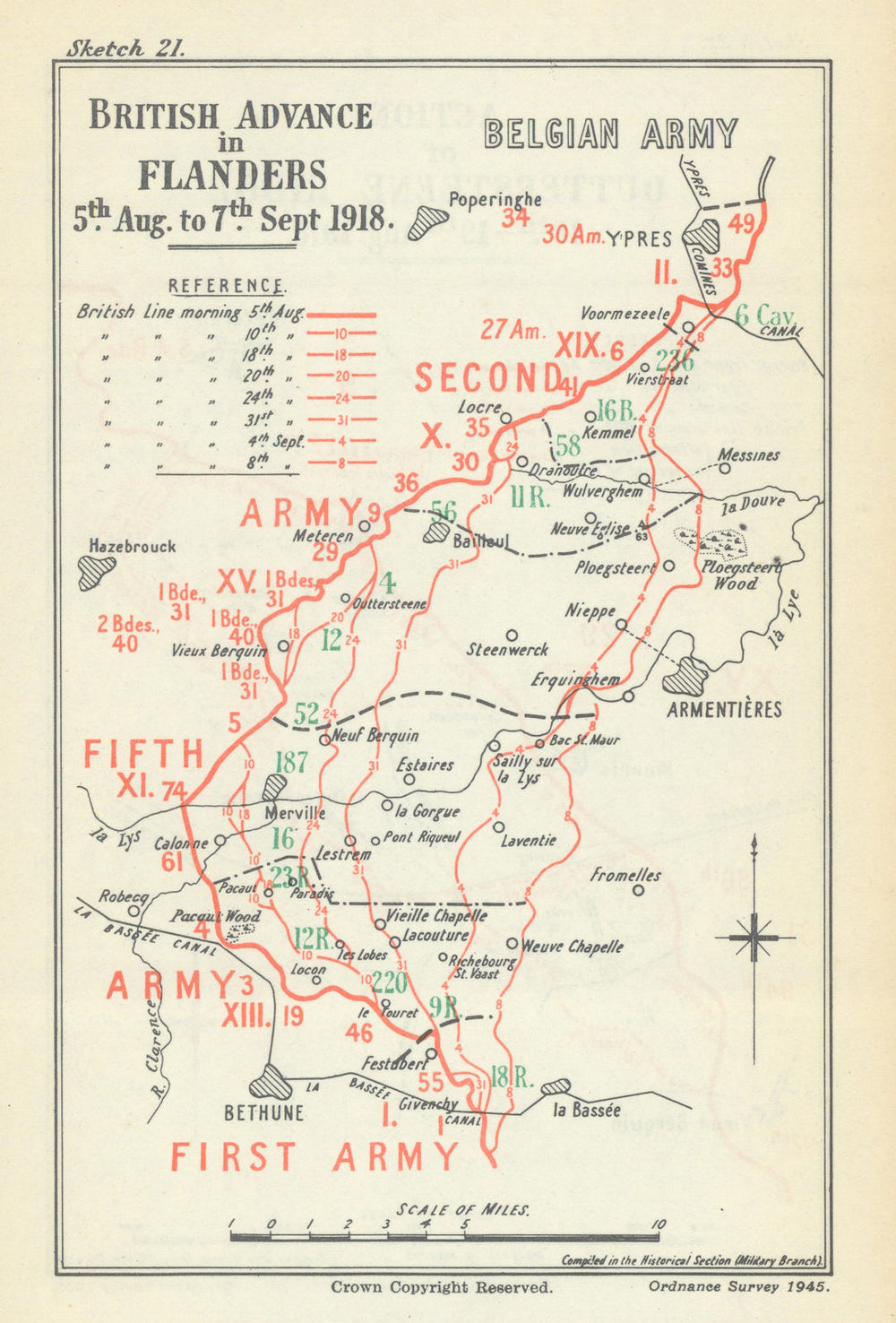 British Advance in Flanders, 5 August–7 September 1918. First World War 1947 map