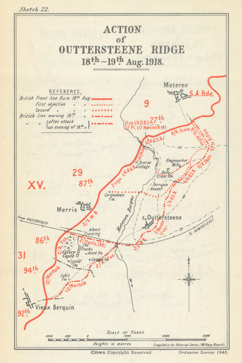 Action of Outtersteene Ridge. 18 August 1918. First World War 1947 old map