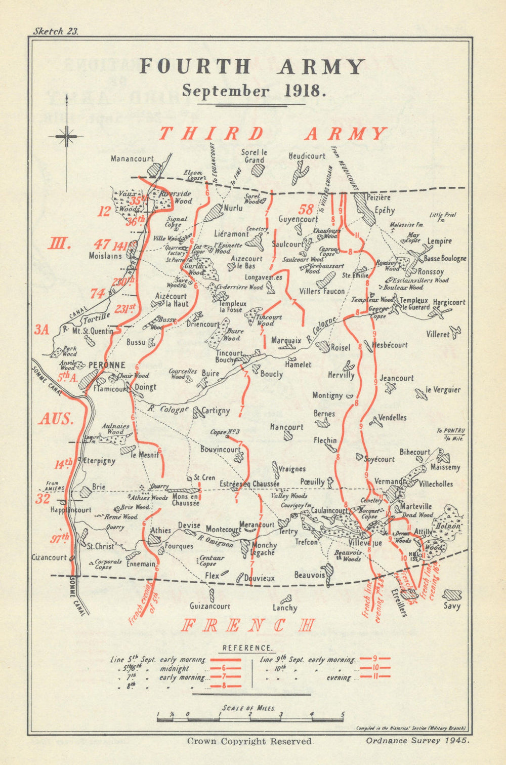Second Battle of the Somme. Fourth Army, 5–10 September 1918. WW1 1947 old map