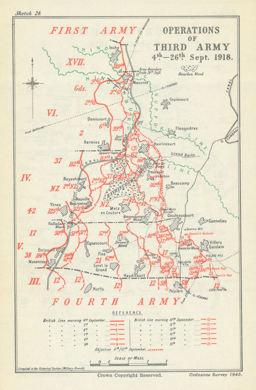Second Battle of Arras. Third Army Operations, 4–26 September 1918. WW1 1947 map