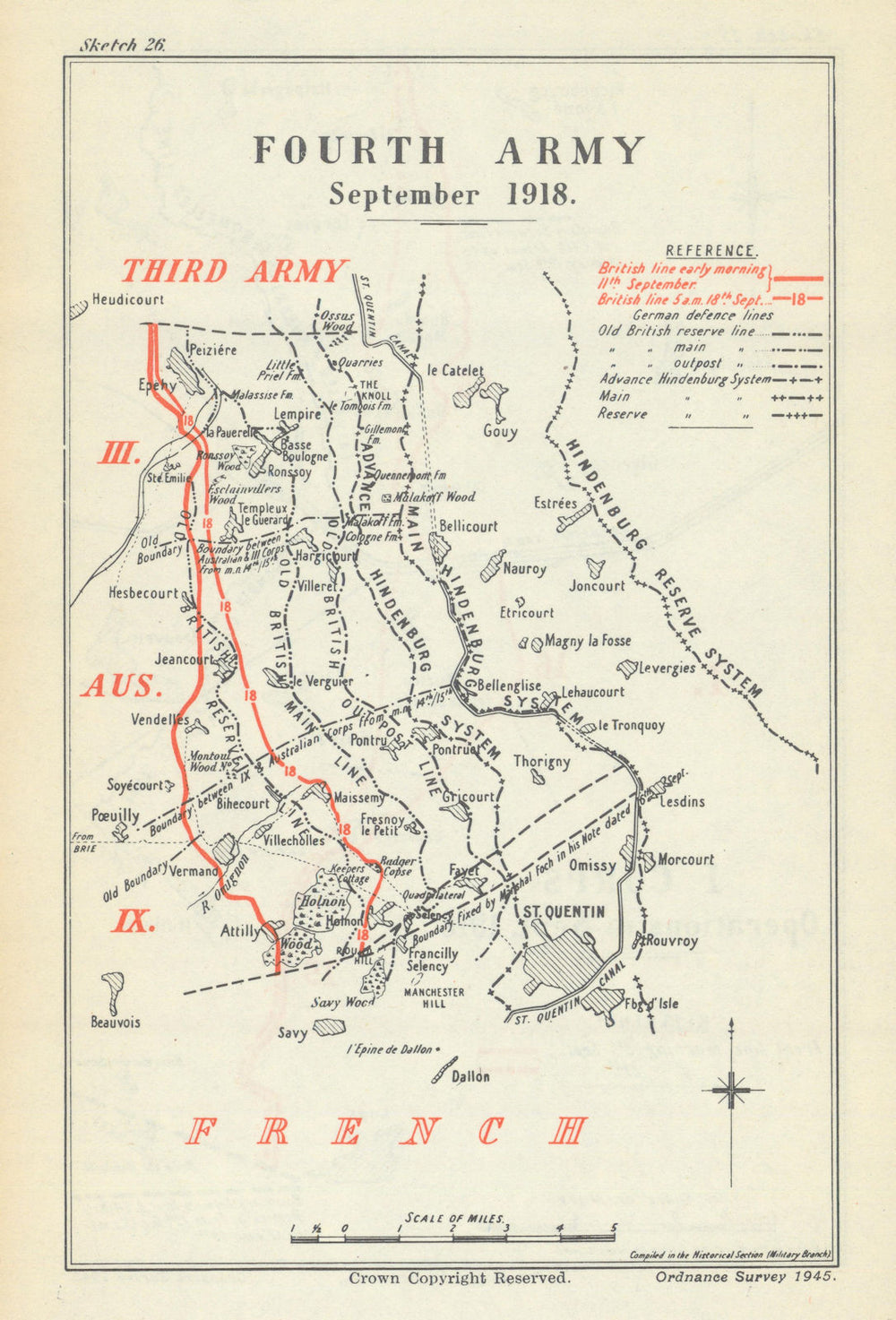 Second Battle of the Somme. Fourth Army, 11–17 September 1918. WW1 1947 map