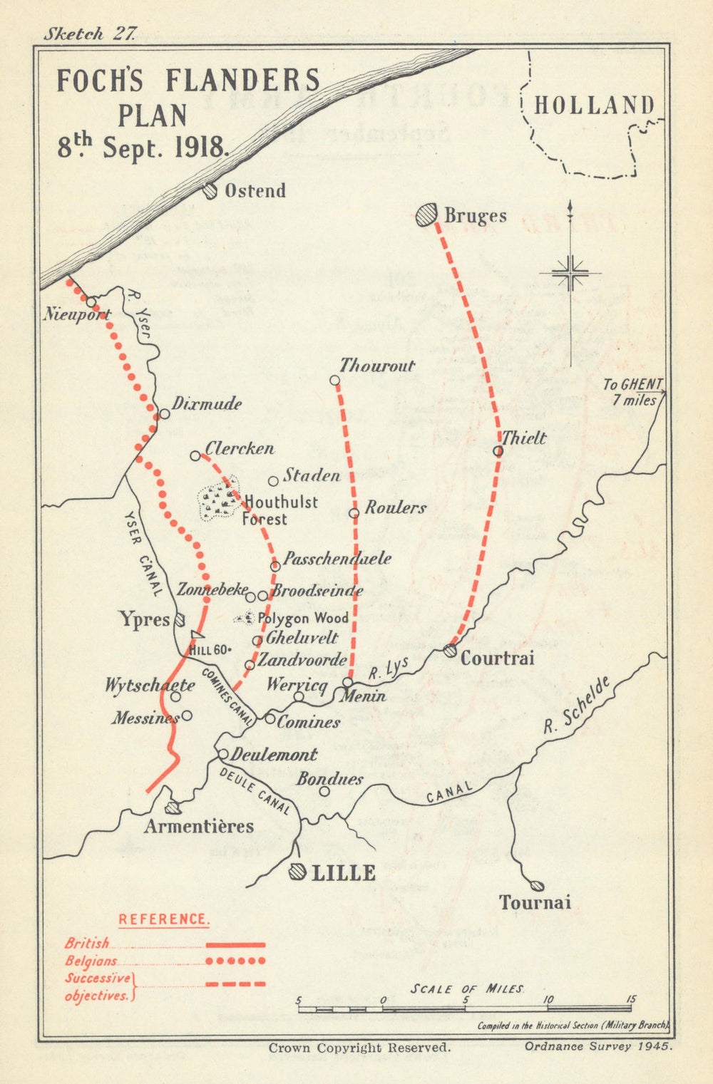 Flanders Offensive. Foch’s Flanders Plan, 8 September 1918. WW1 1947 old map