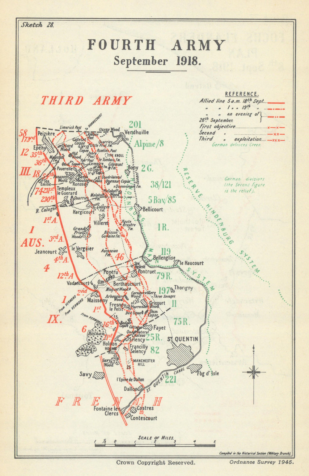 Battles of Épéhy/Advance to Hindenburg Line. 4th Army 18–26 Sept 1918 1947 map