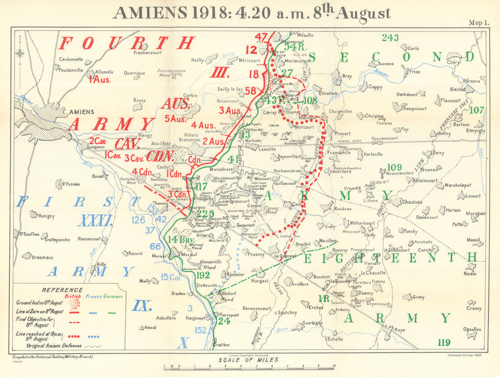 Battle of Amiens. 4.20 a.m., 8 August 1918. First World War 1947 old map