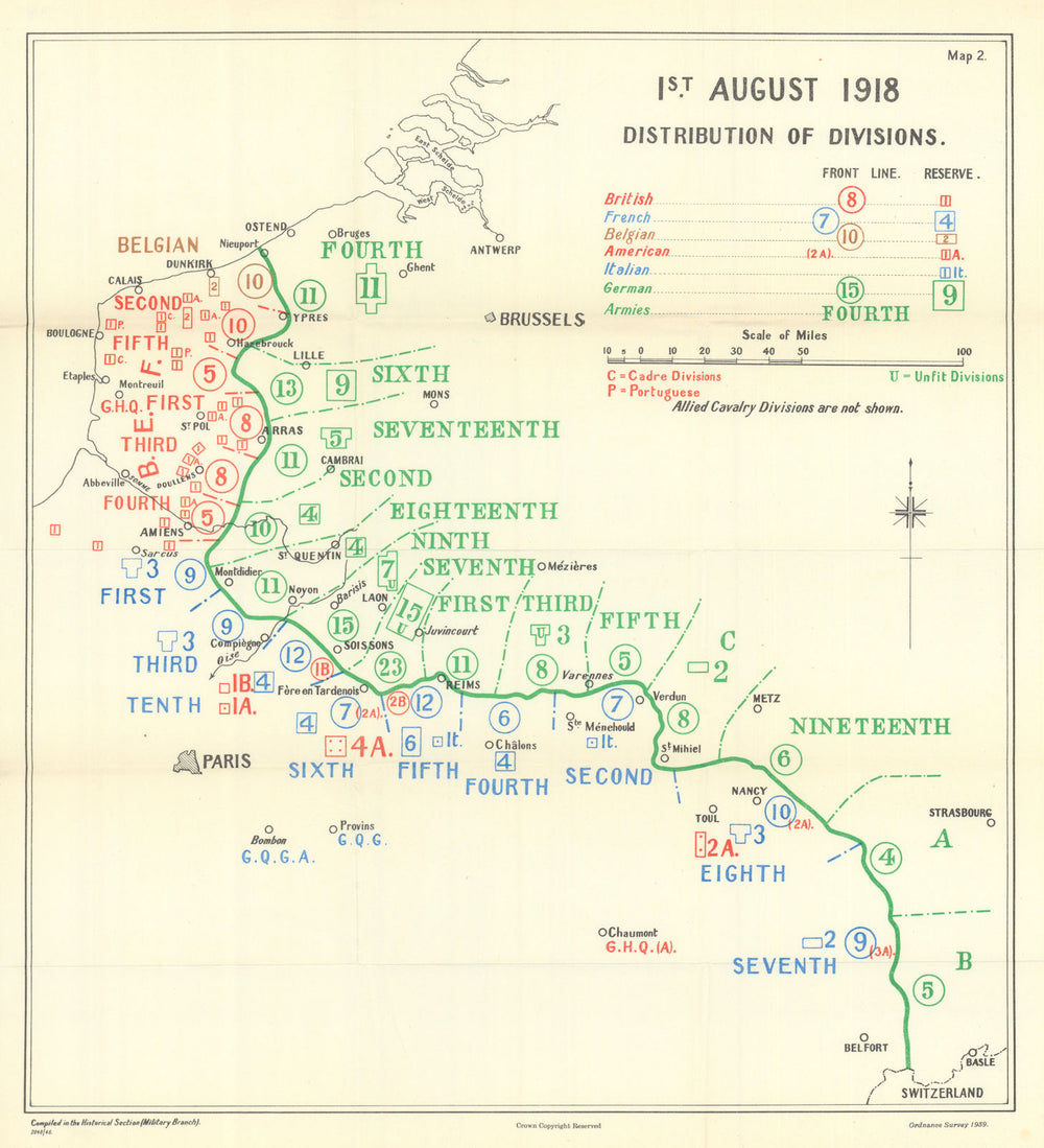Hundred Days. 1 August, Distribution of Divisions 1918. First World War 1947 map