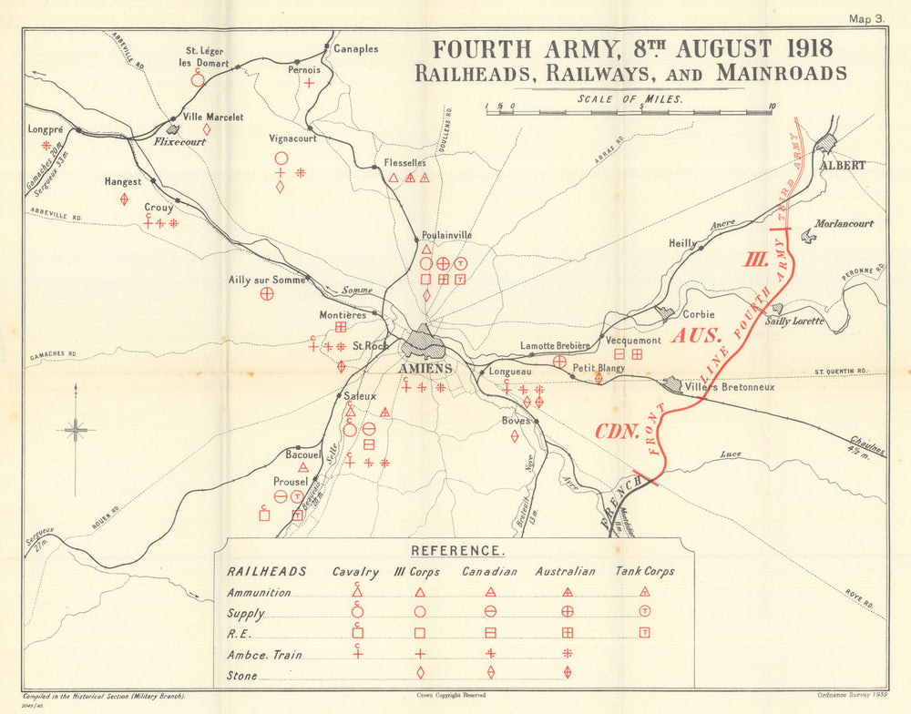 Battle of Amiens. 4th Army 8 August 1918 Railheads Railways Roads. WW1 1947 map