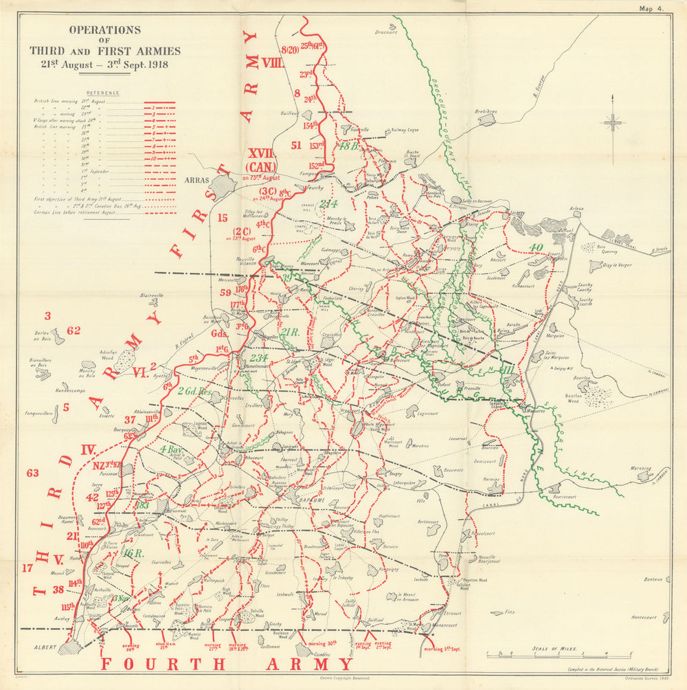 Second Battle of the Somme/Arras. 1st/3rd Armies Ops 21 Aug–3 Sept 1918 1947 map