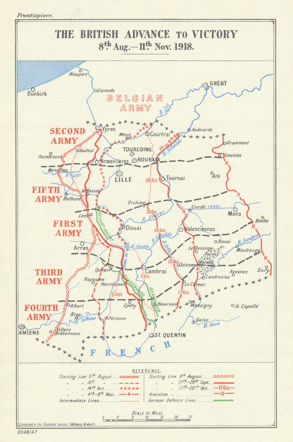 Hundred Days. British Advance to Victory 8 August–11 November 1918. WW1 1947 map