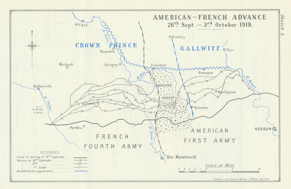 Meuse–Argonne Offensive. American–French Advance 26 Sept–3 Oct 1918 WW1 1947 map
