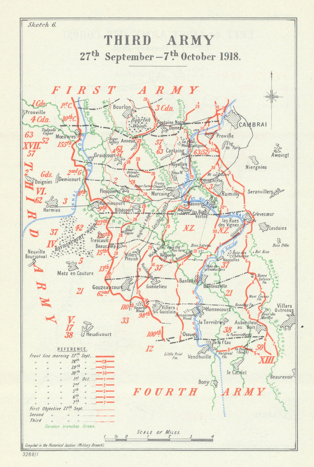 Battle of the Canal du Nord/Cambrai. 3rd Army, 27 Sept–7 Oct 1918. WW1 1947 map