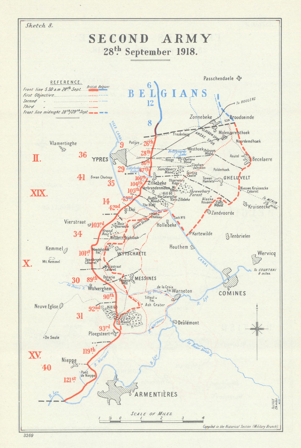 Fifth Battle of Ypres. Second Army, 28 September 1918. First World War 1947 map