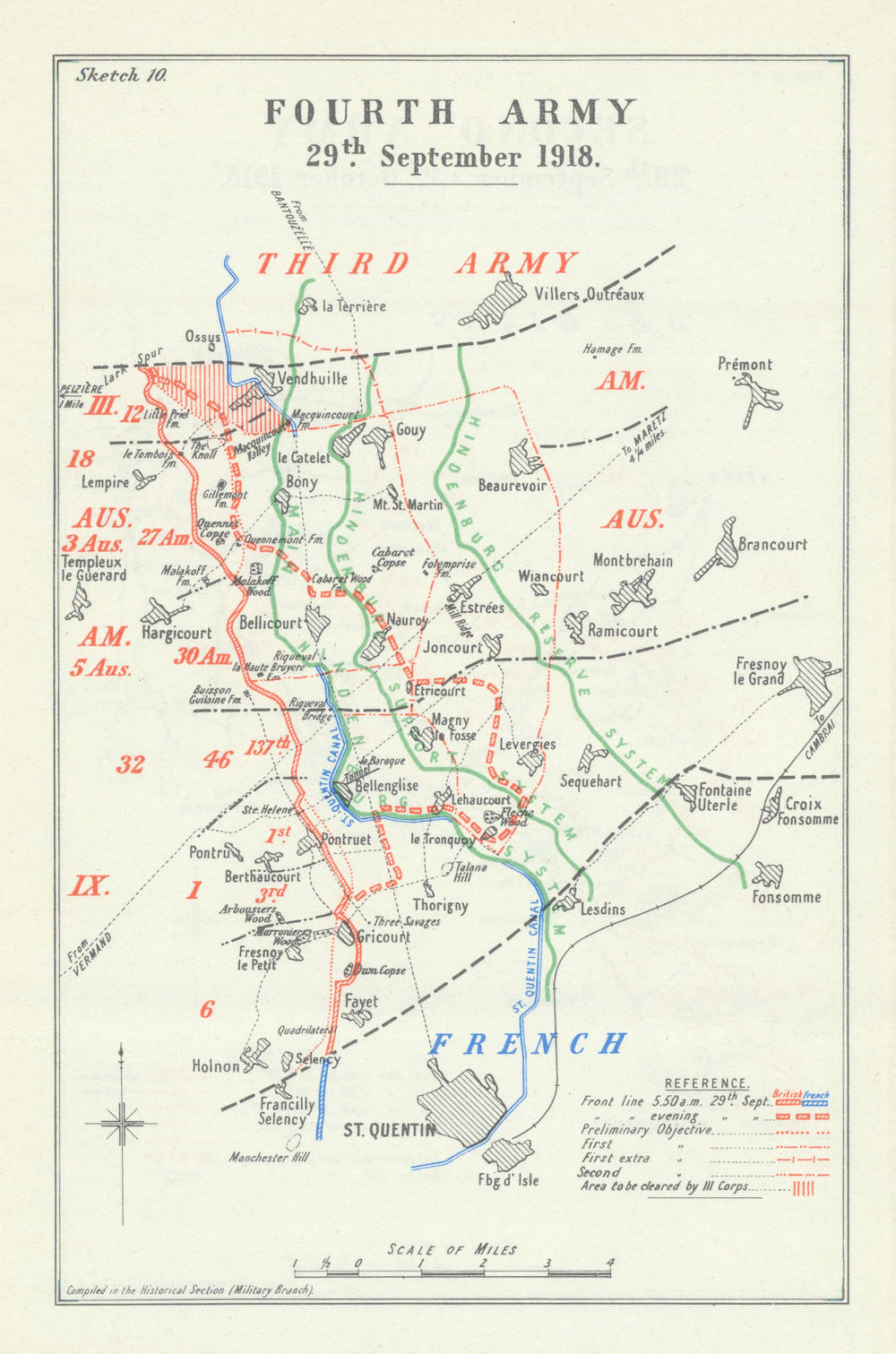 Battle of Quentin Canal. Fourth Army, 29 Sept 1918. First World War 1947 map