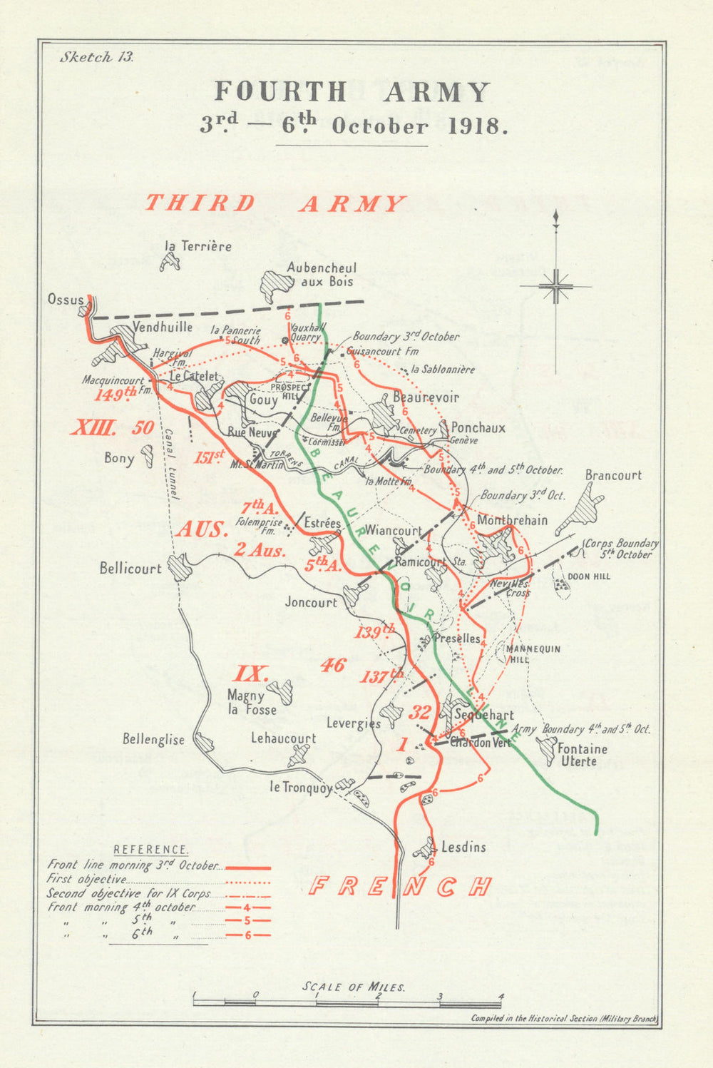 Pursuit to Beaurevoir Line. 4th Army, 3–6 October 1918. First World War 1947 map