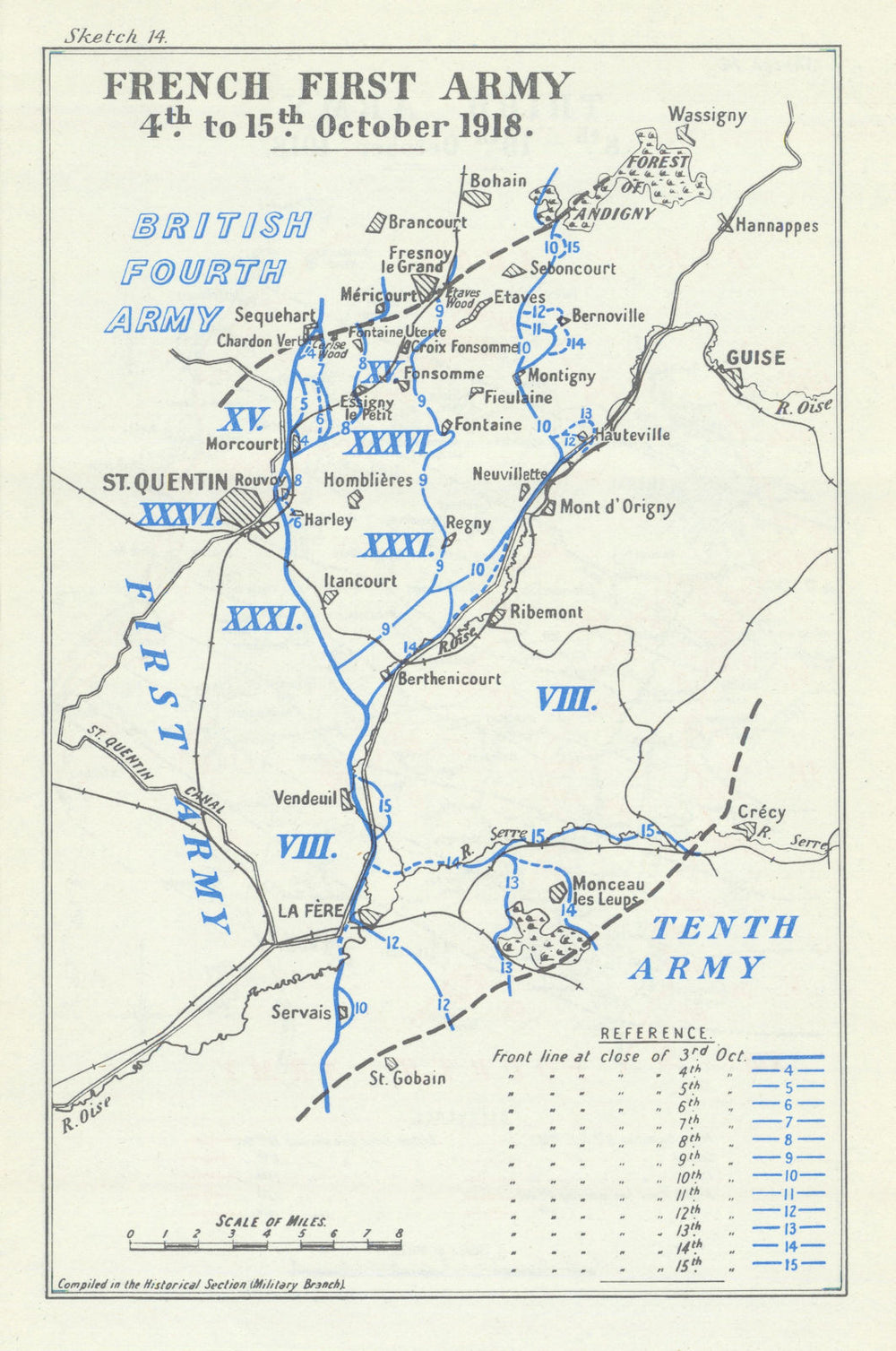Cambrai– Quentin Operations. French First Army, 3–15 October 1918. WW1 1947 map