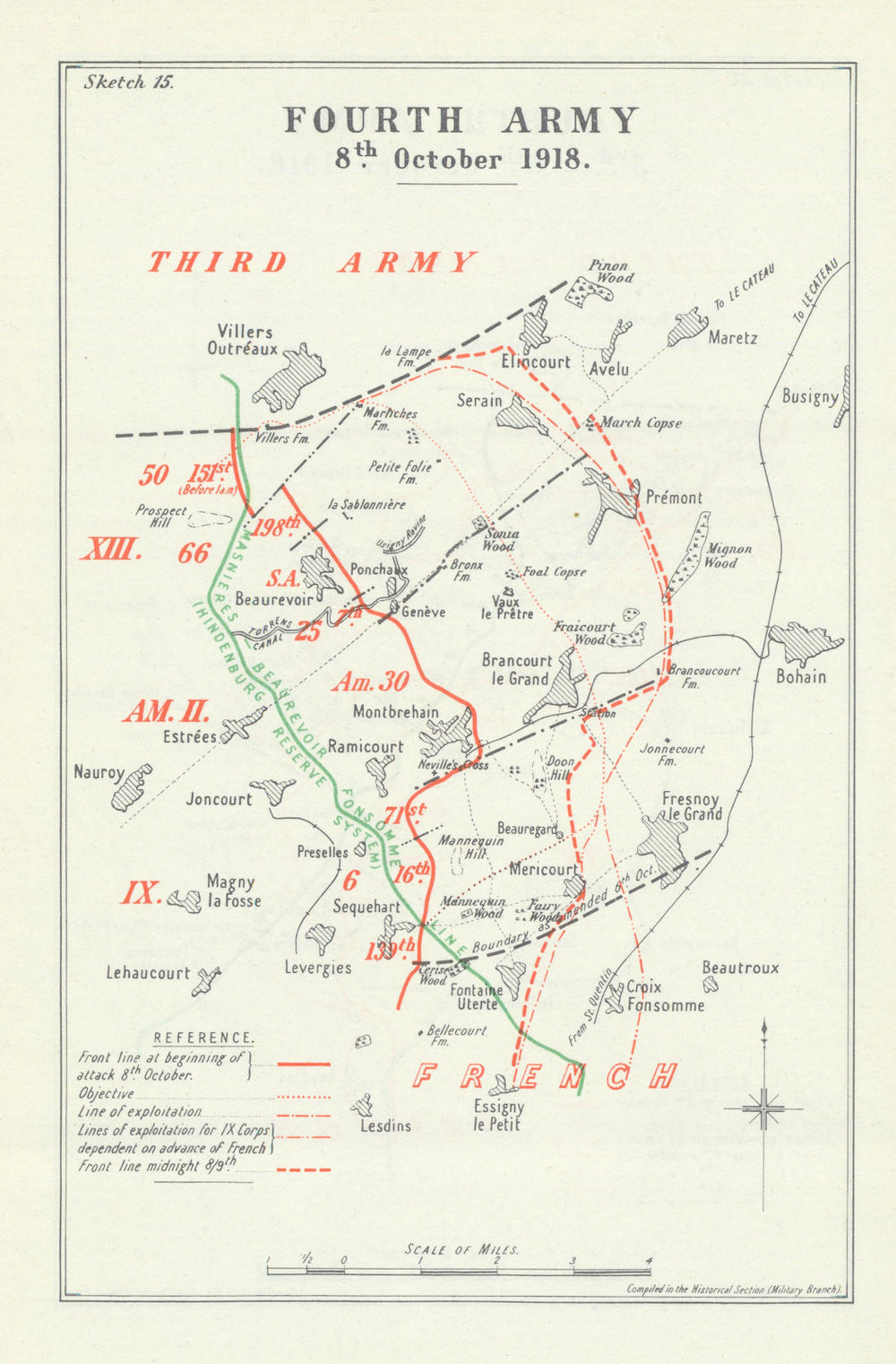 Battle of Cambrai. Fourth Army, 8 October 1918. First World War 1947 old map