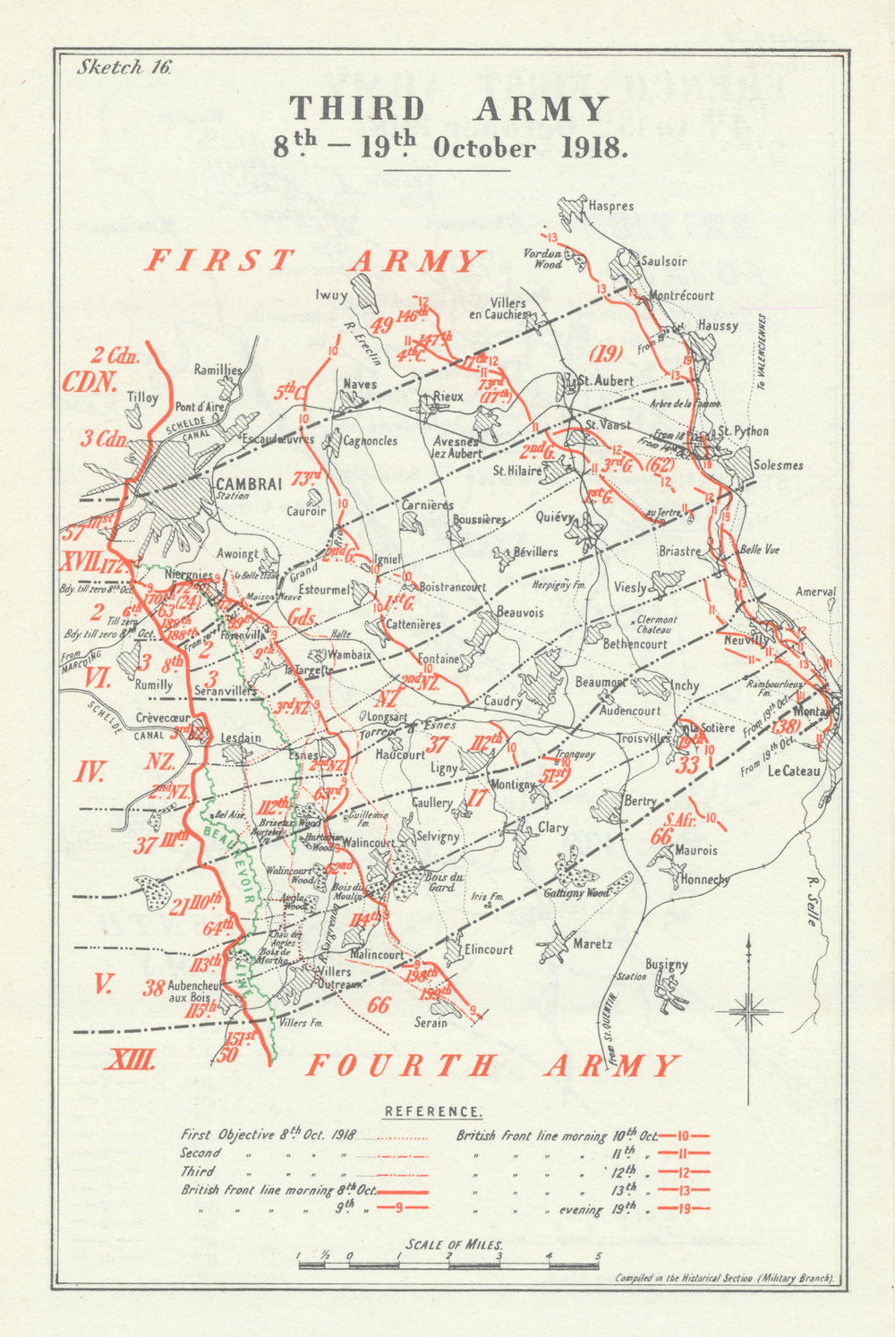 Battle of Cambrai. Third Army, 8–19 October 1918. First World War 1947 old map
