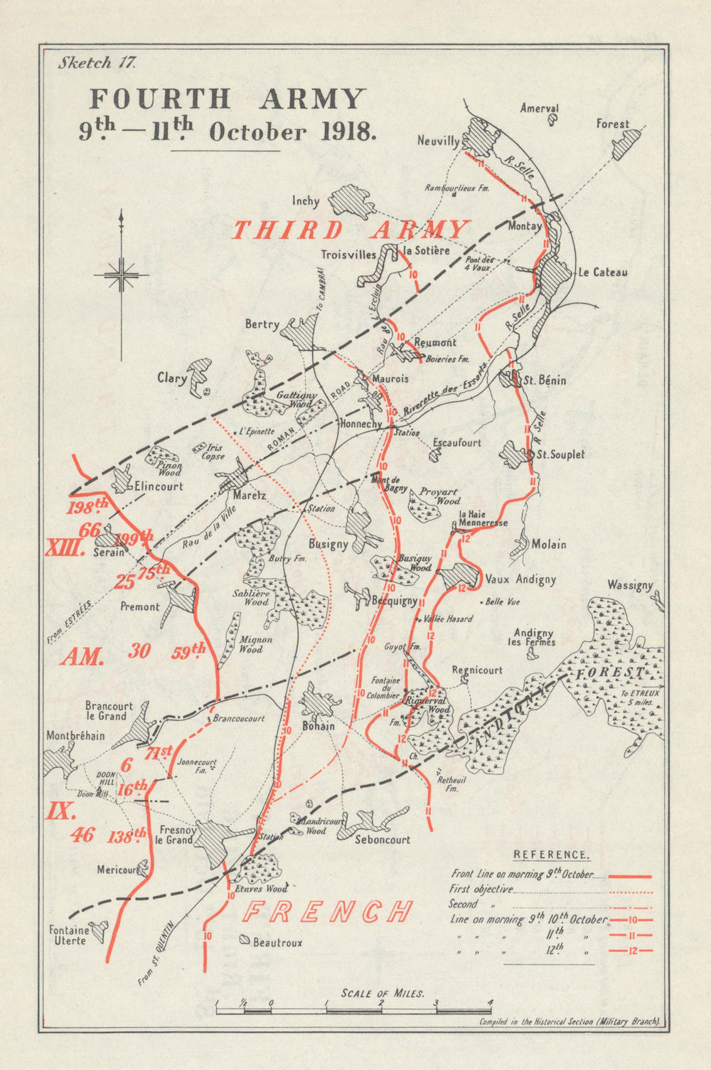 Cambrai pursuit / Selle sector. Fourth Army, 9–11 October 1918. WW1 1947 map